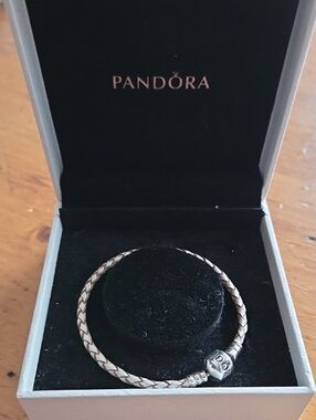Rare & Retired Pandora Champaign Braided Leather & Sterling Silver Bracelet
